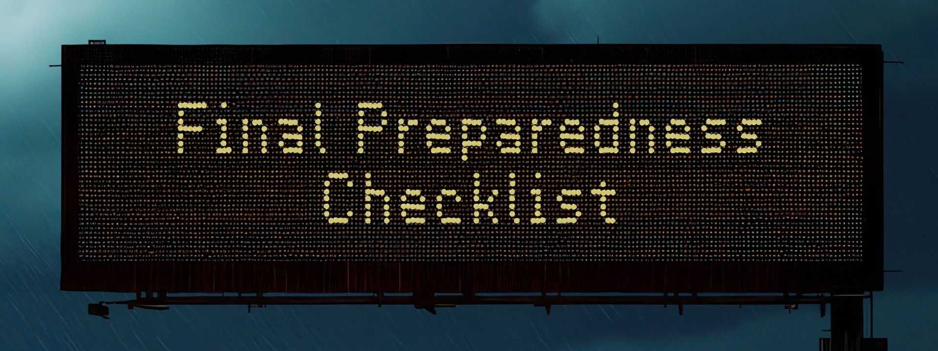 Electronic highway sign in rainy conditions reads “Final Preparedness Checklist" with blurred traffic and lights below in a stormy scene.