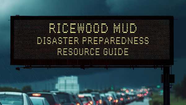 Electronic highway sign in rainy traffic reads “Ricewood MUD Flood Disaster Preparedness Resource Guide,” with cars and blurred city lights below.