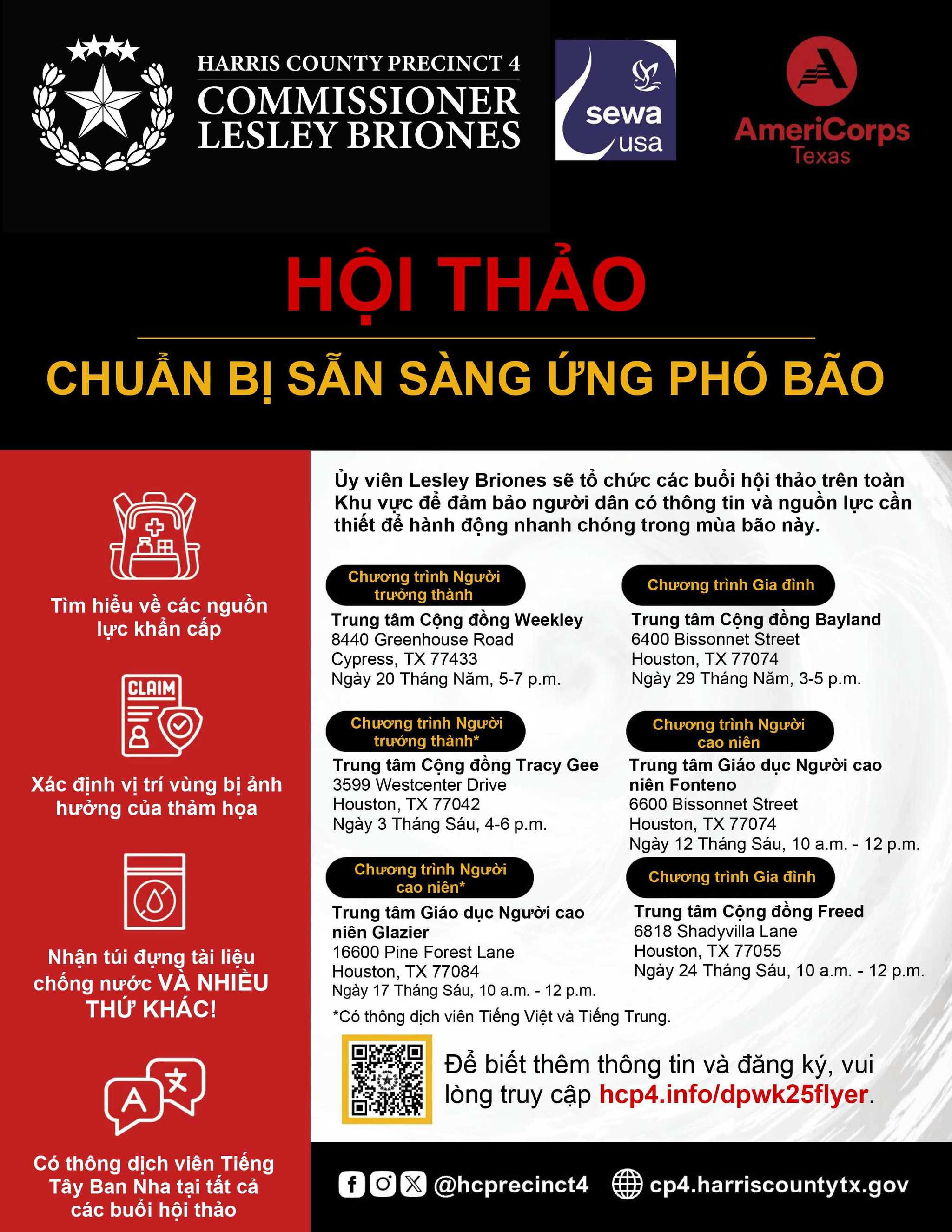 A flyer for "Hurricane Preparedness Workshops" featuring logos for Harris County Precinct 4 Commissioner Lesley Briones, Sewa USA, and AmeriCorps Texas on a black background.