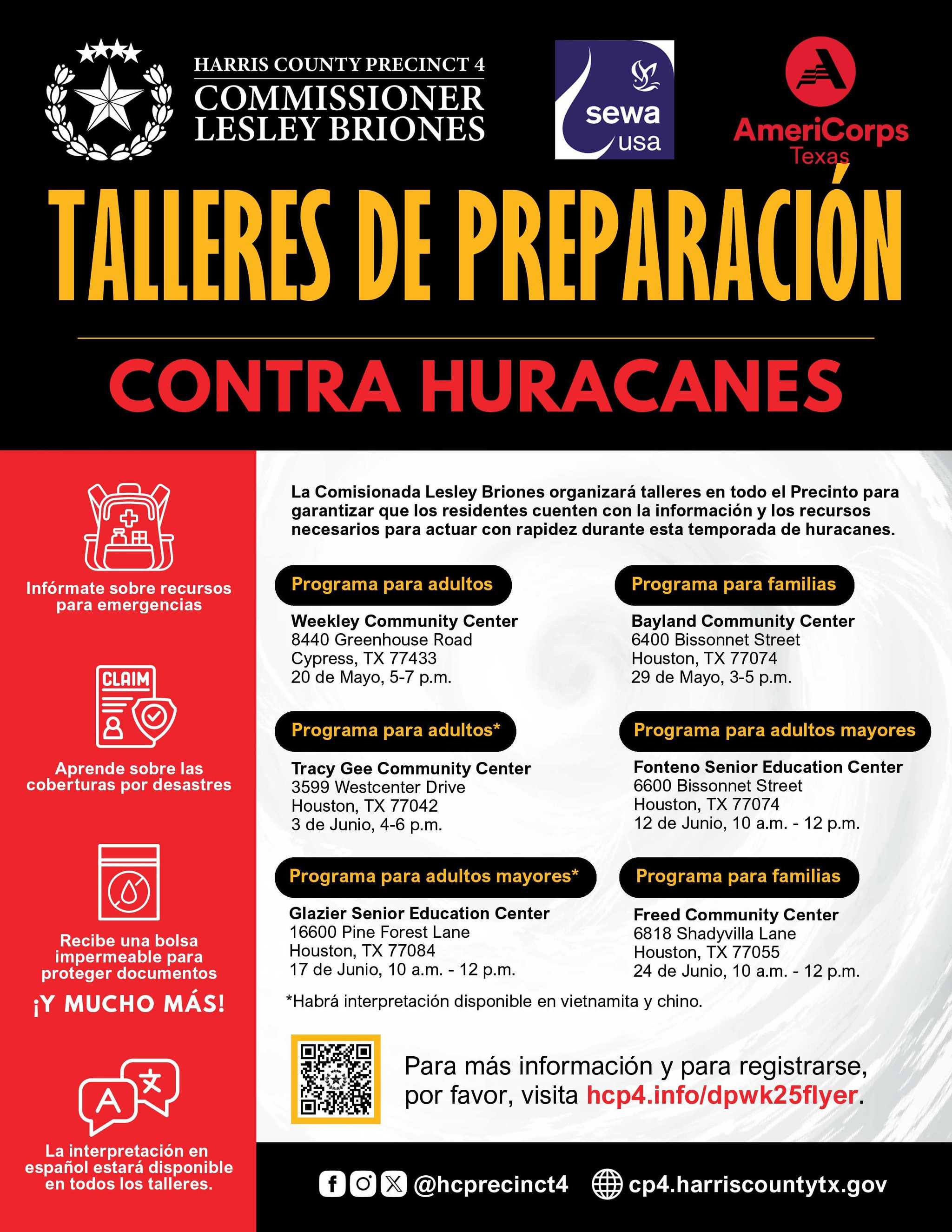 A flyer for "Hurricane Preparedness Workshops" featuring logos for Harris County Precinct 4 Commissioner Lesley Briones, Sewa USA, and AmeriCorps Texas on a black background.