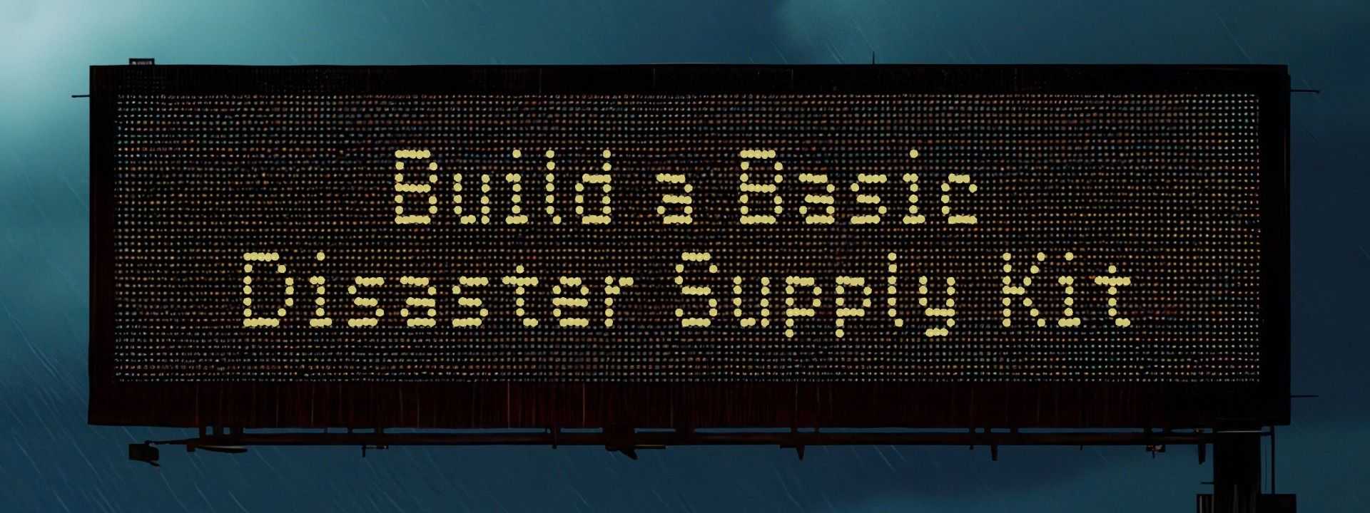Electronic highway sign in rainy conditions reads “Build a Basic Disaster Supply Kit,” with blurred traffic and lights below in a stormy scene.