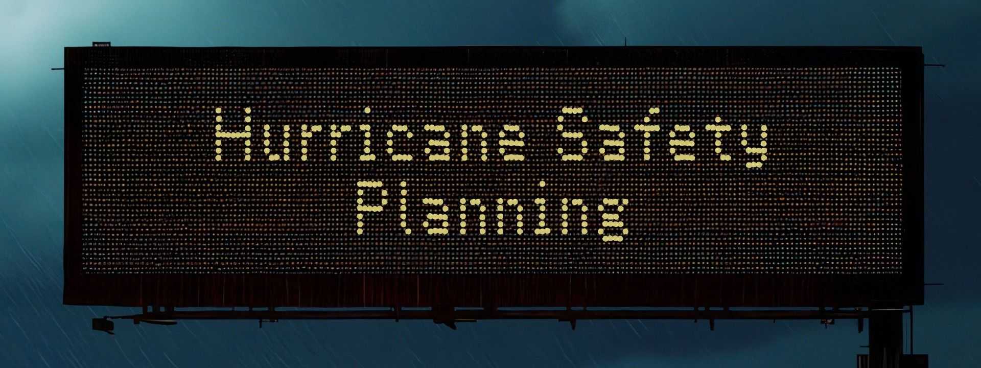 Electronic highway sign in rainy conditions reads “Hurricane Safety Planning" with blurred traffic and lights below in a stormy scene.